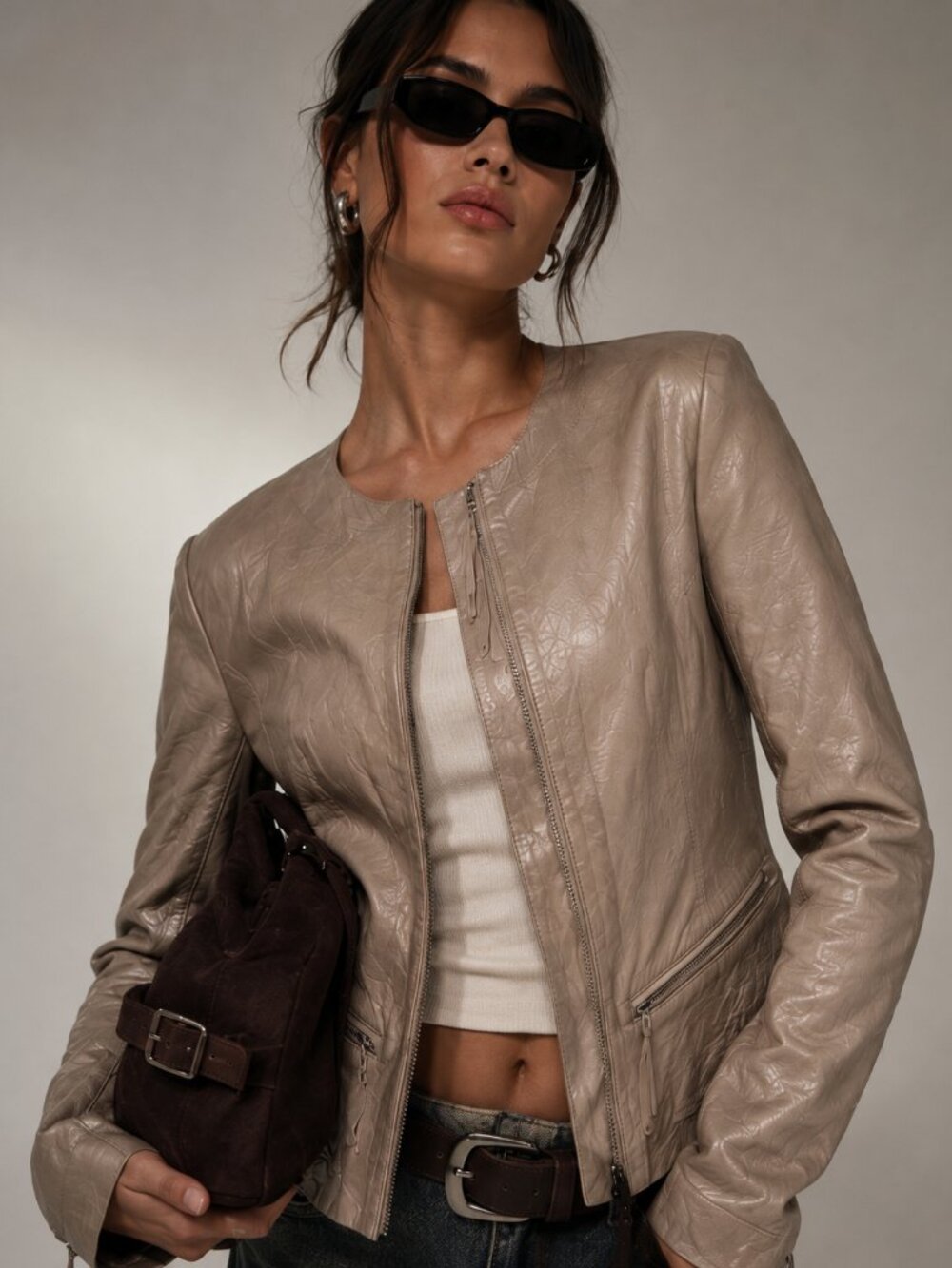 Cigno Nero Taupe Genuine Leather Moto Jacket Stretch Sleeve Panel Zip Front